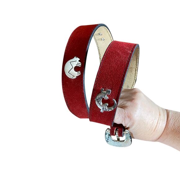 Vintage Red Suede Southwestern Concho Belt Silver Animal Symbols - Picture 3 of 12